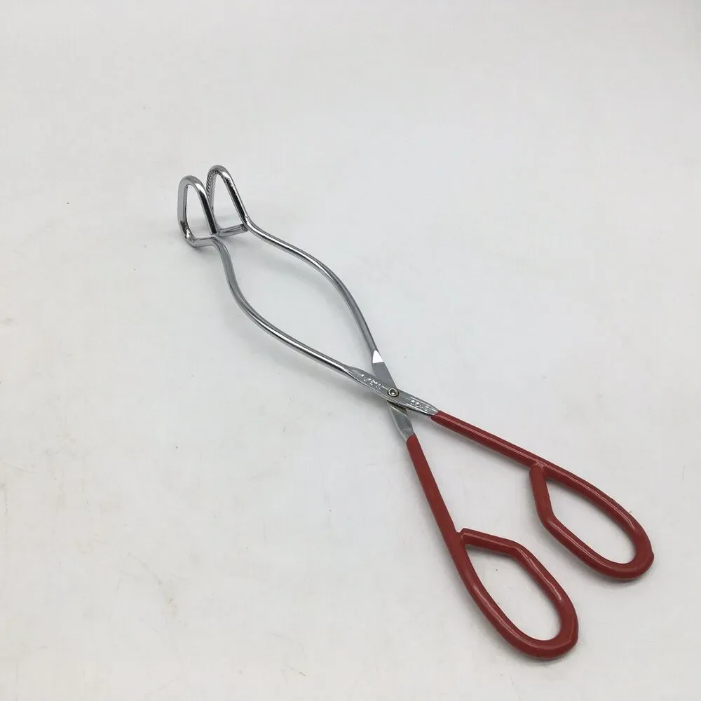Vintage EKCO 10.75” Stainless Steel Kitchen Tongs Grippers Red Rubber handle USA